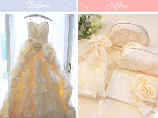 ウェディングドレスから複数の小物へリメイク