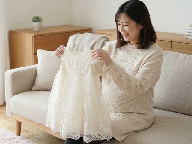 リメイクしたベビードレスをみる妊婦さんイメージ